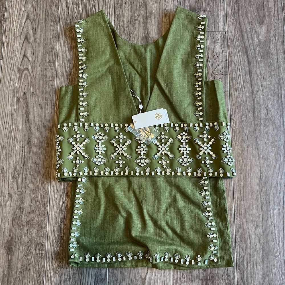 TORY BURCH - NWT - vest tank: olive ’Rachel’ embellished linen, deepV hooks
